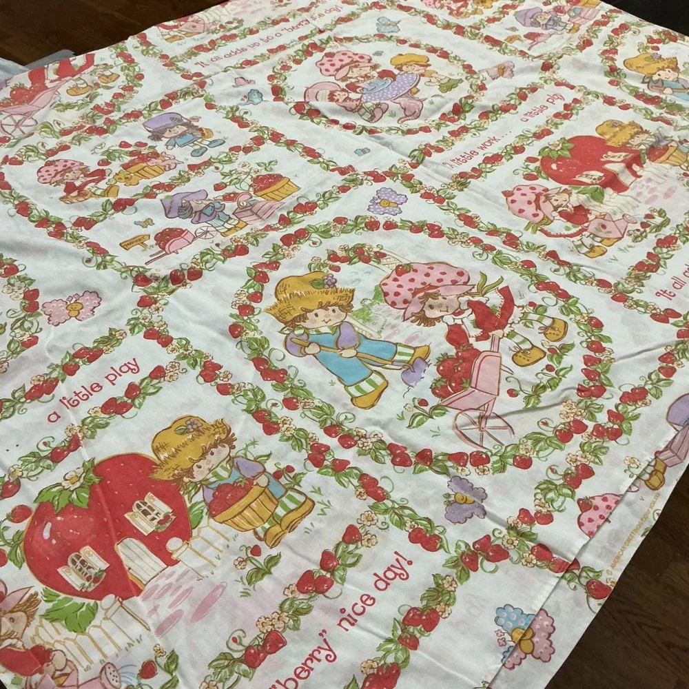 Vintage Strawberry Shortcake Twin Flat Fitted Sheet Set JCPenney 1980s Upcycle